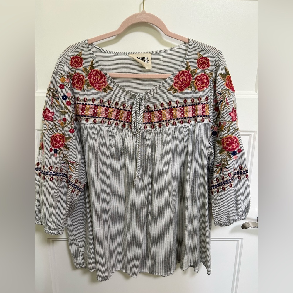 Savanna Jane Floral Embroidered Striped Blouse